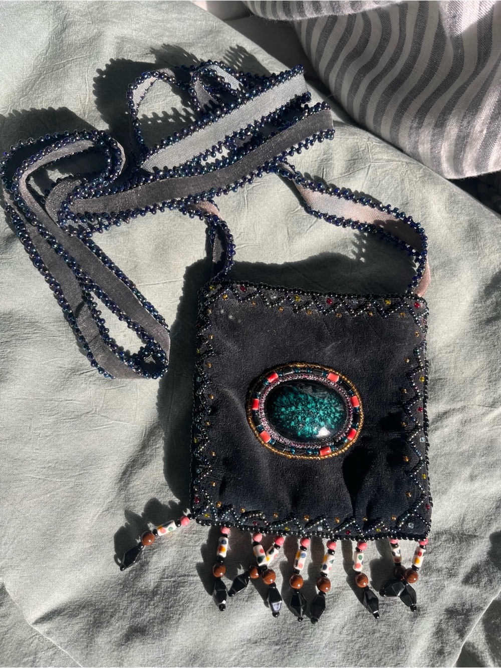 Black Velvet Beaded Crossbody Bag with Turquoise Cabochon
